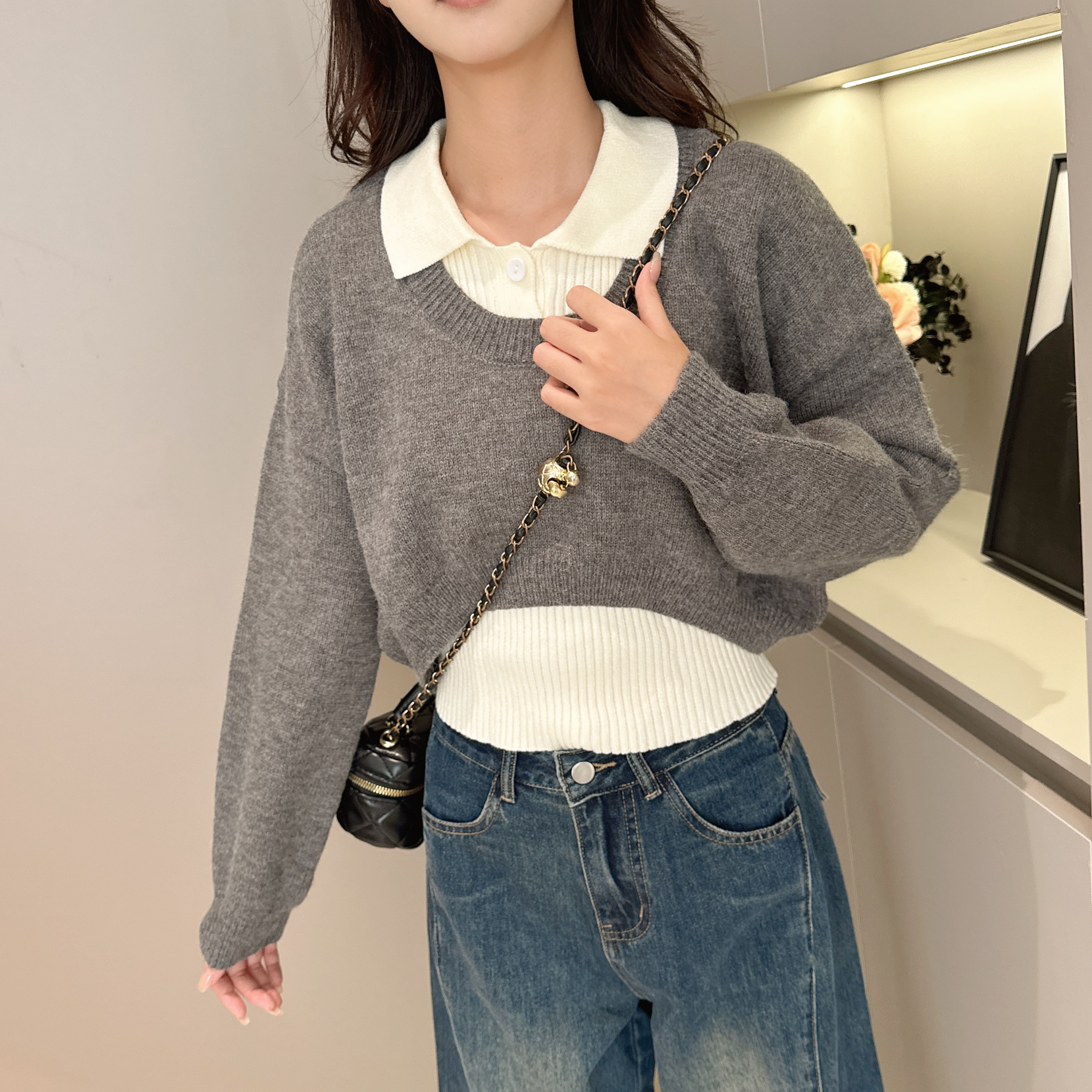 7307 GY针织两件套毛衣通勤女装百搭早秋新款polo领短款上衣