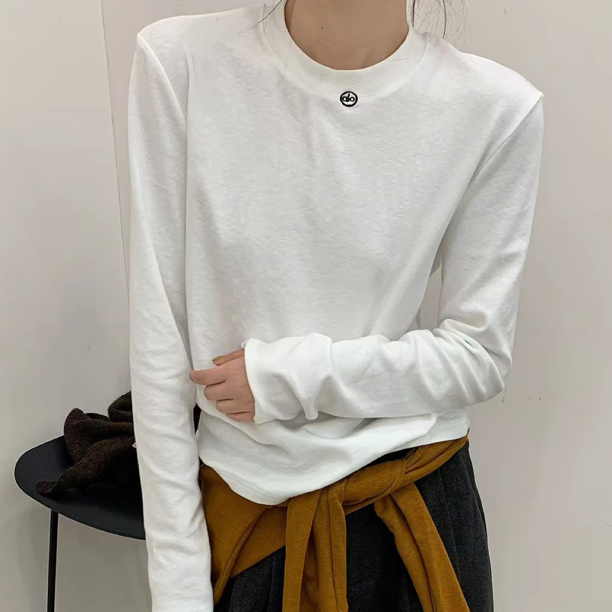 修身百搭女t恤长袖白色显瘦立领T恤长款套头ins