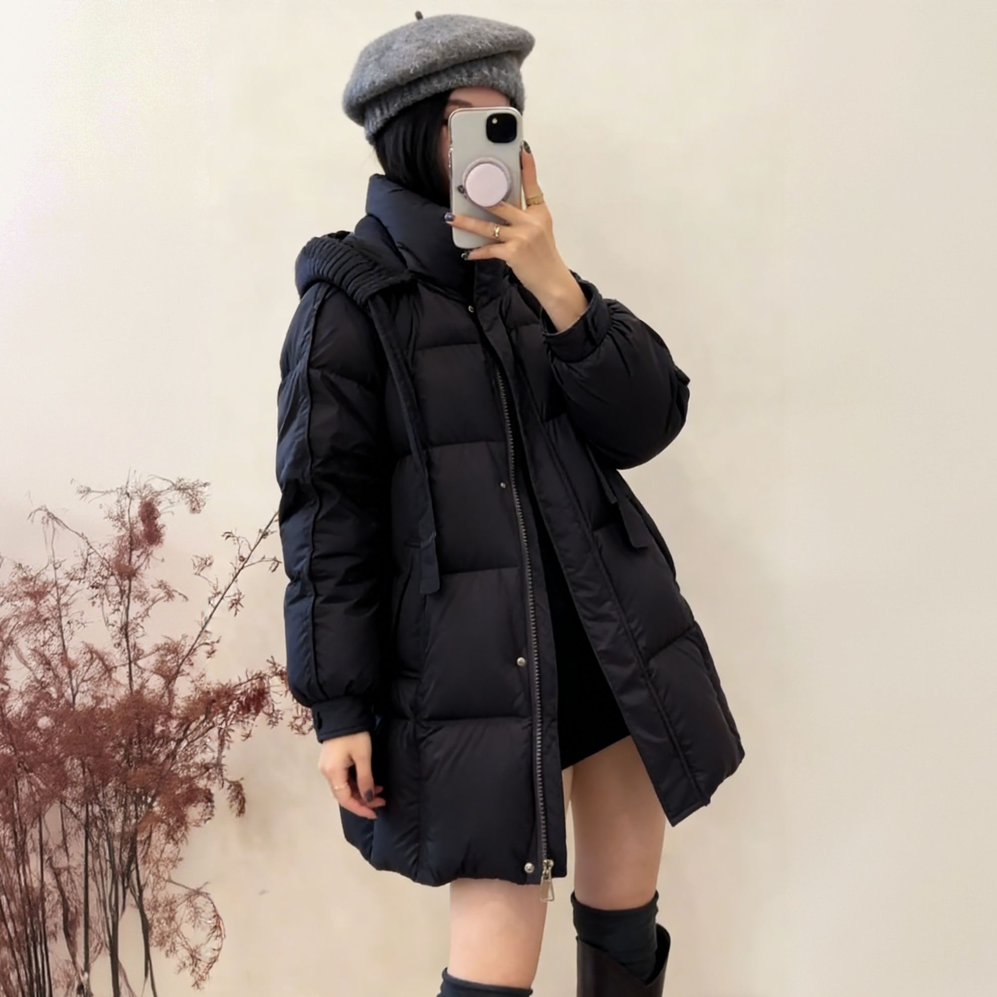 2025中长款针织帽90白鸭绒羽绒服冬季新款韩版时尚保暖加厚外套