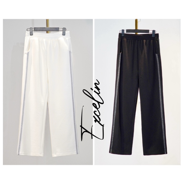 美佳【黑白直筒百搭长裤】350克厚款显瘦松紧腰百搭天丝弹力女卫裤