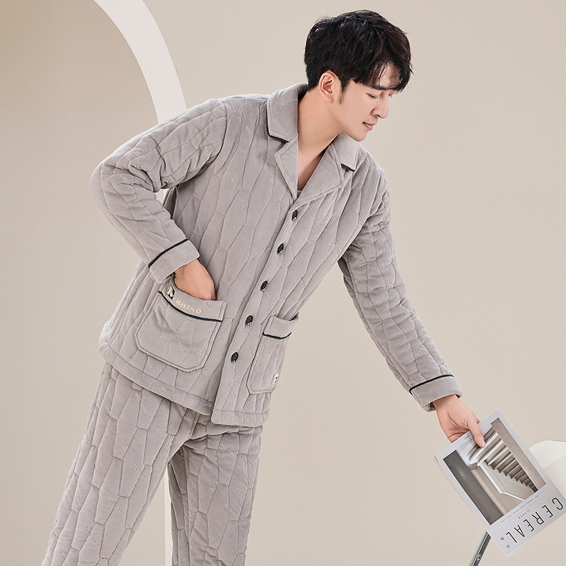 秋冬季天2024新款男士睡衣三层夹棉珊瑚绒加绒加厚套装家居服套装