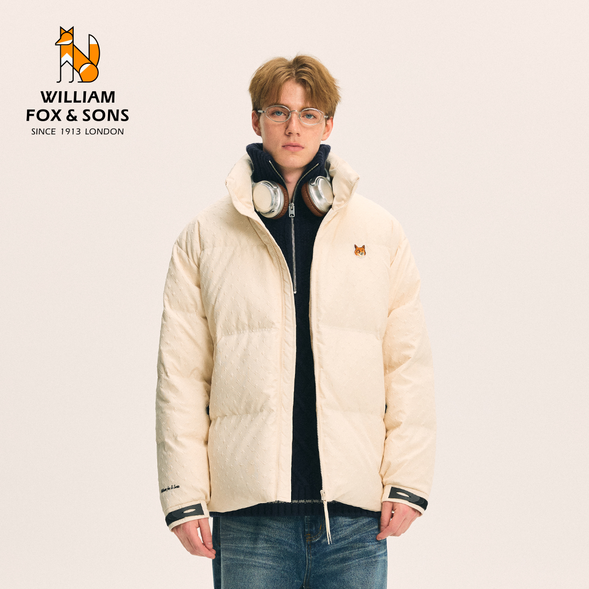 英国小狐狸25秋冬立体矩形格纹压花面料立领轻暖羽绒服男女同款