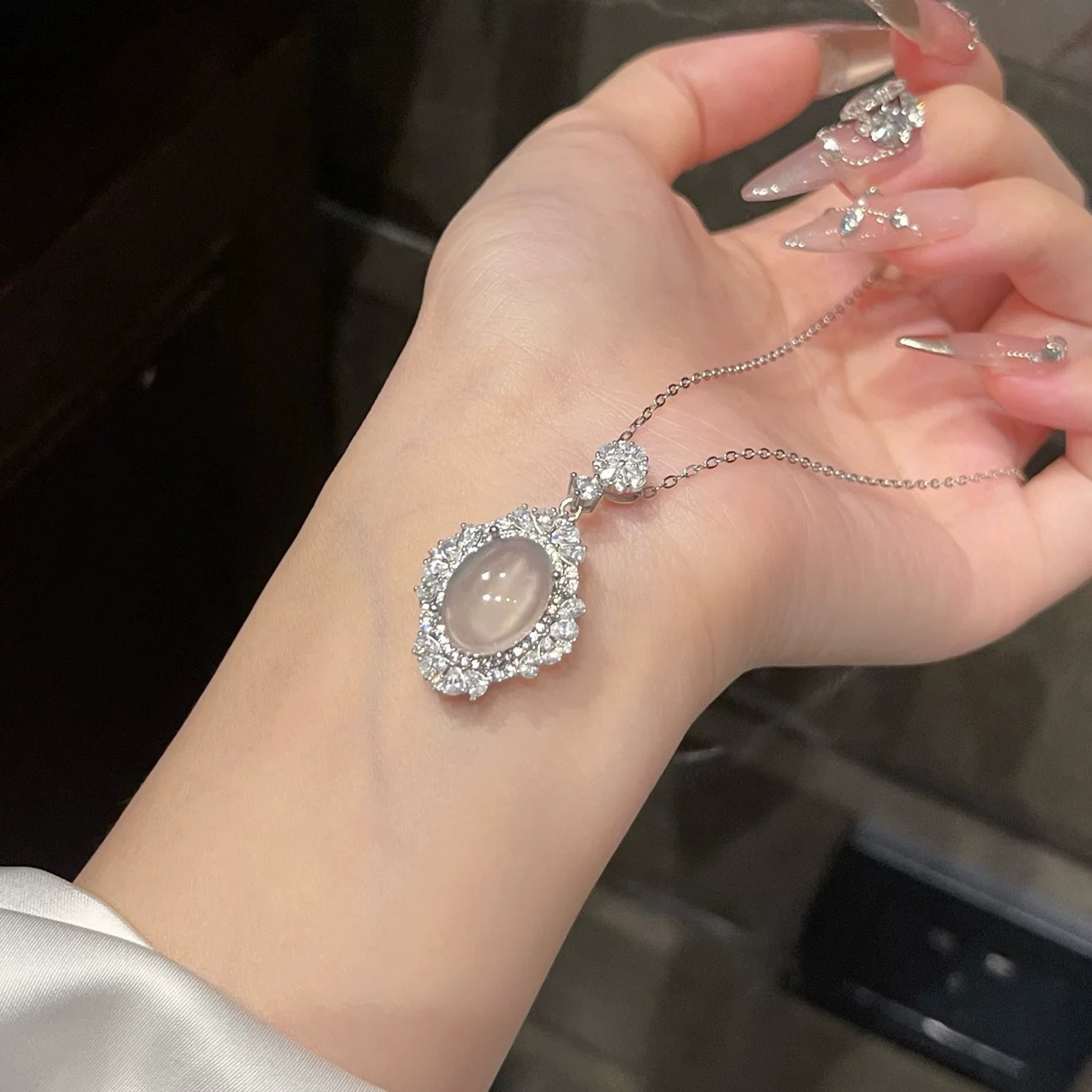 坠链均925银 新中式高冰椭圆镶嵌国风大气项链