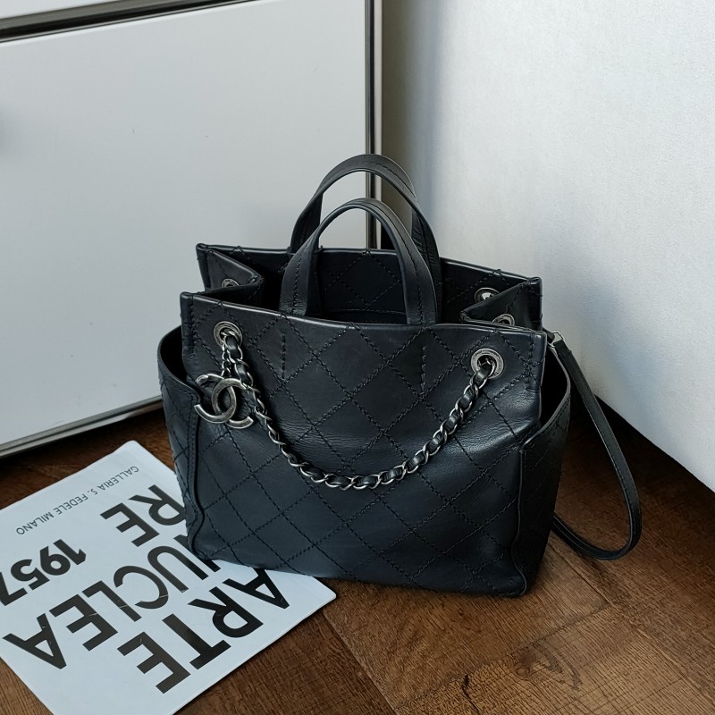 95新 Chanel/香奈儿 Azul-黑银牛皮菱格纹手提托特包 52992