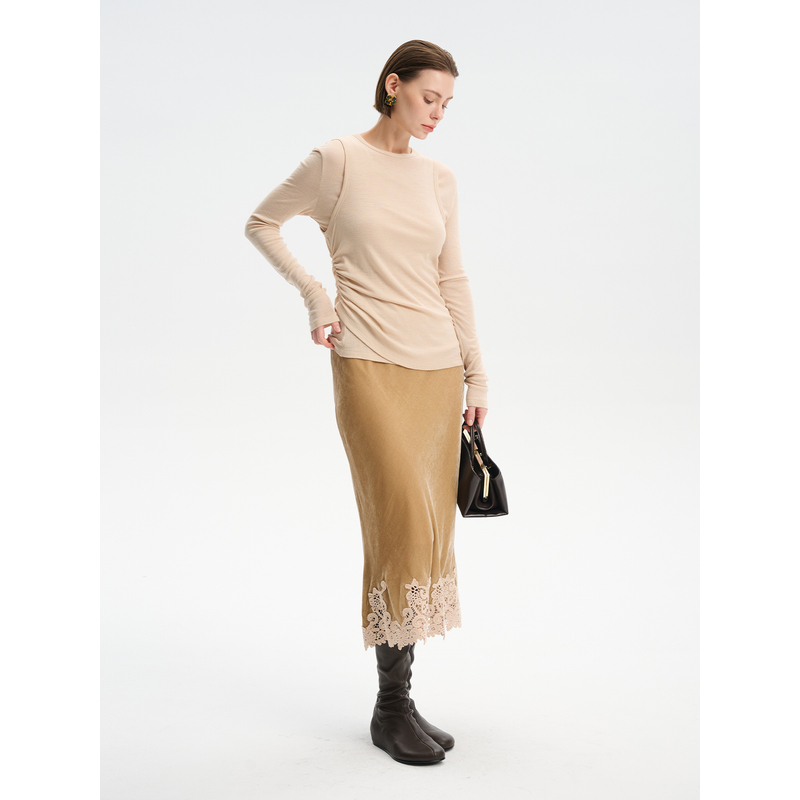 YIMAIMAI浪漫公式 桑蚕丝花边丝绒中长款松紧腰半裙