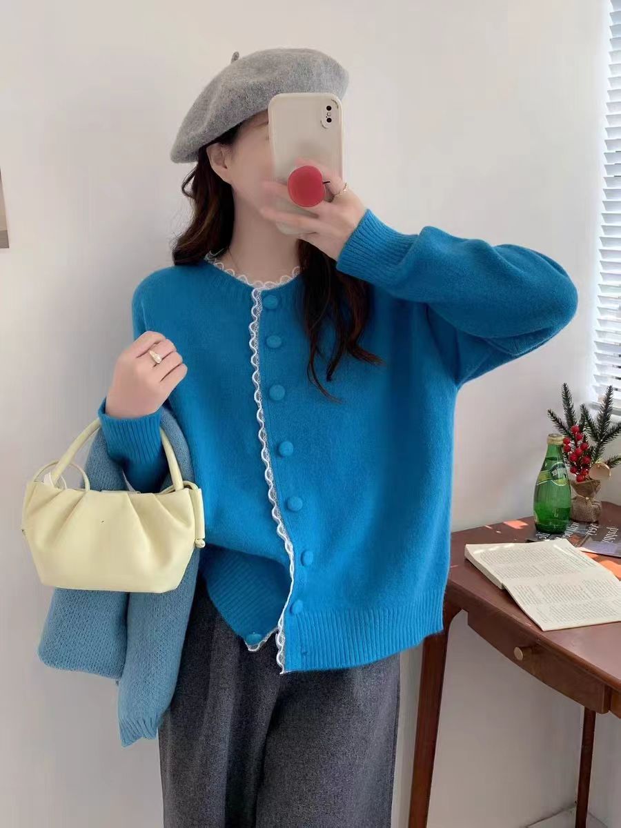 1009【衣长55】温柔风蕾丝花边针织开衫女秋冬季新款甜美百搭显瘦
