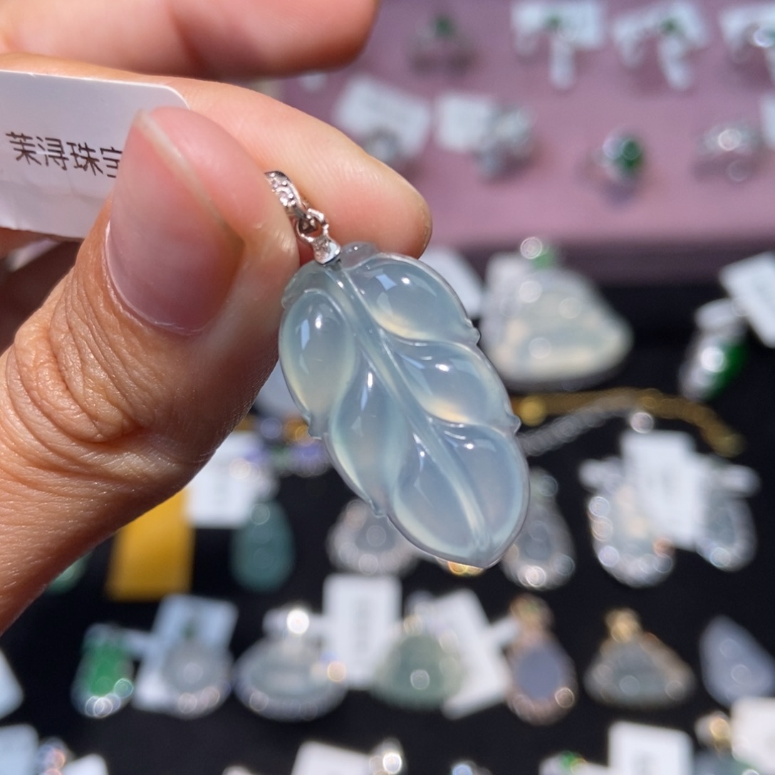 翡翠银S925镶嵌颈饰纯天然缅甸翡翠A货叶子