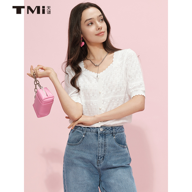 天谜针织衫淑女网纱镂空花边优雅小衫2025夏季女装TMi242087