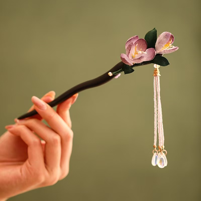 郁金香设计绒花檀木发簪复古优雅汉服头饰簪子古风气质高级感发饰