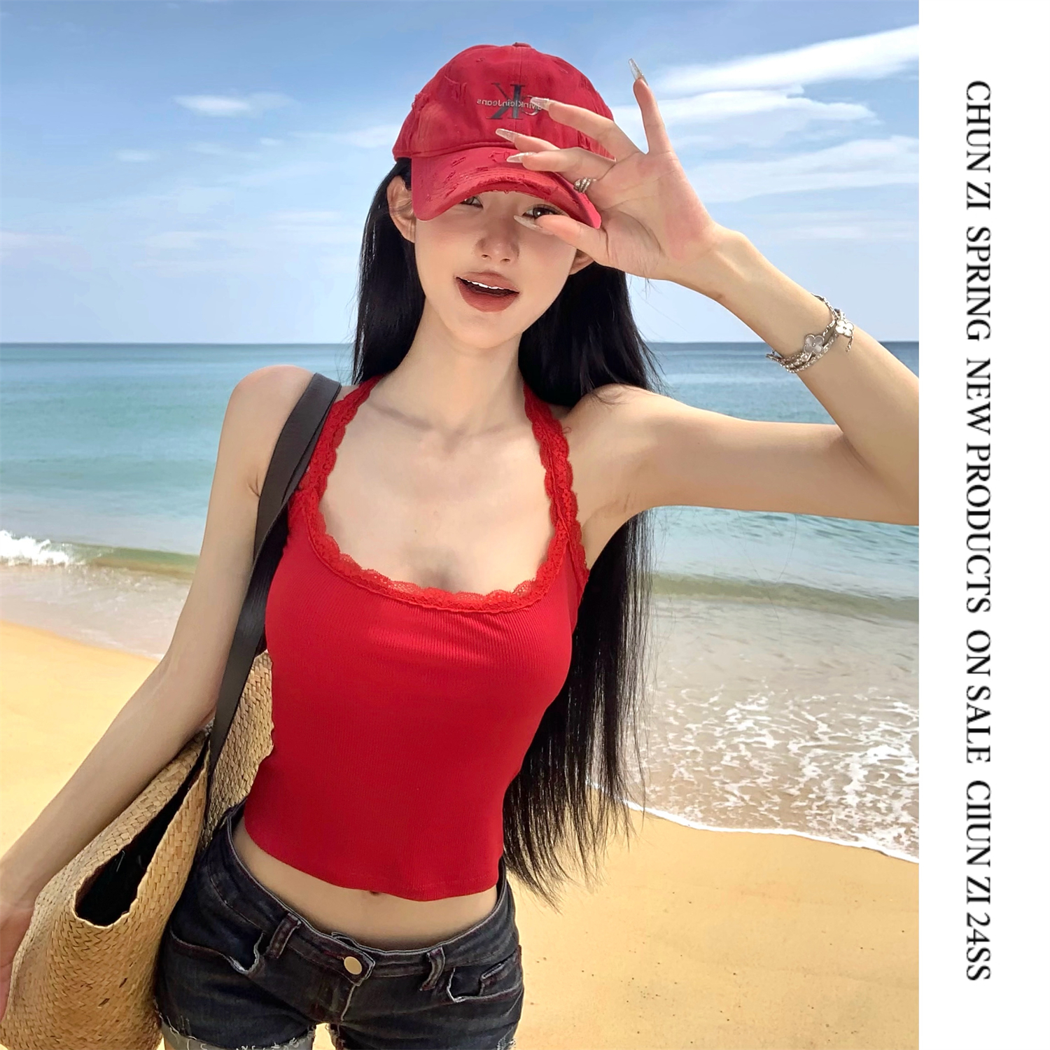 【CHUN ZI】蕾丝花边吊带背心女外穿25春夏性感辣妹内搭上衣