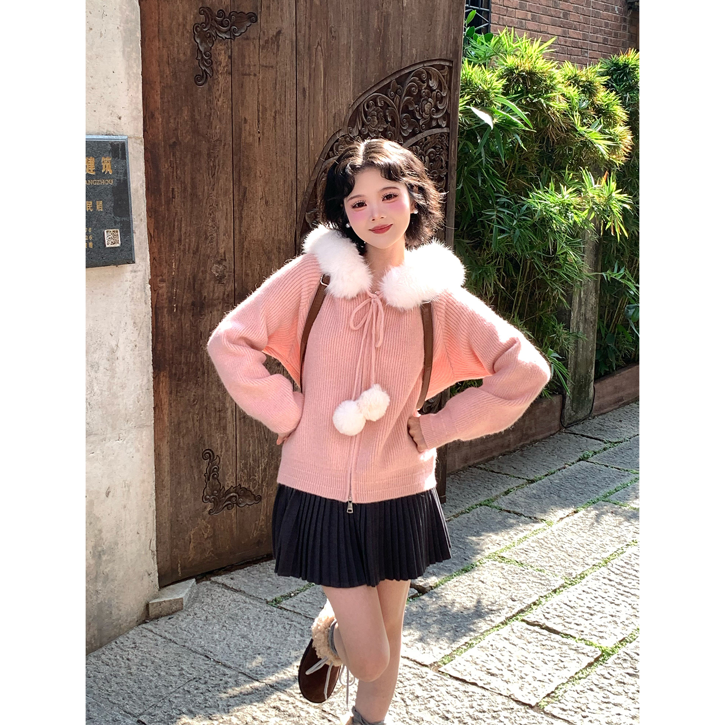 秋季新款圣诞红色针织毛衣外套女可拆毛毛领上衣M161