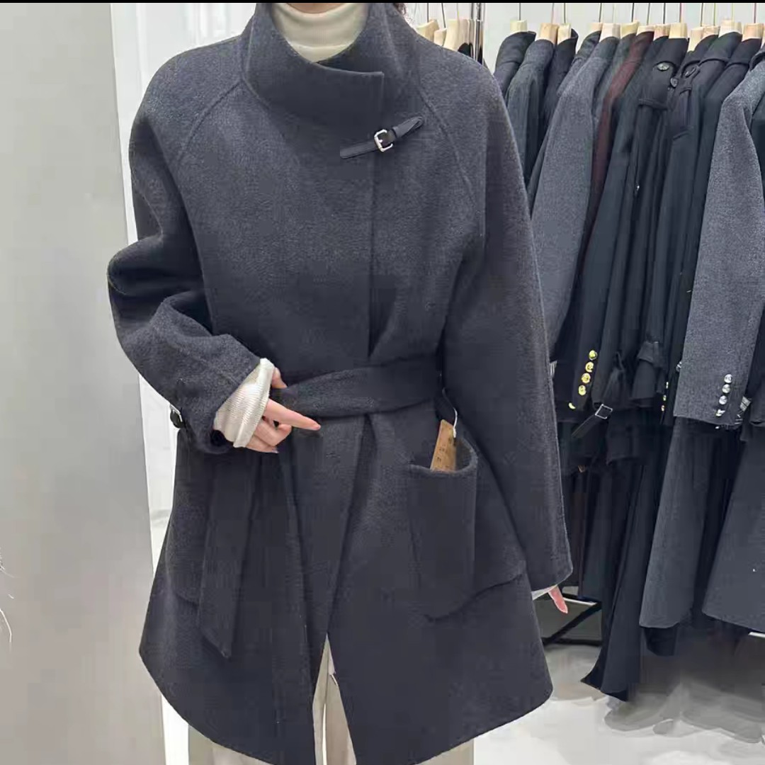 【双十一狂欢】25356法式（短款）性感系带皮扣双面毛外套（长约80）