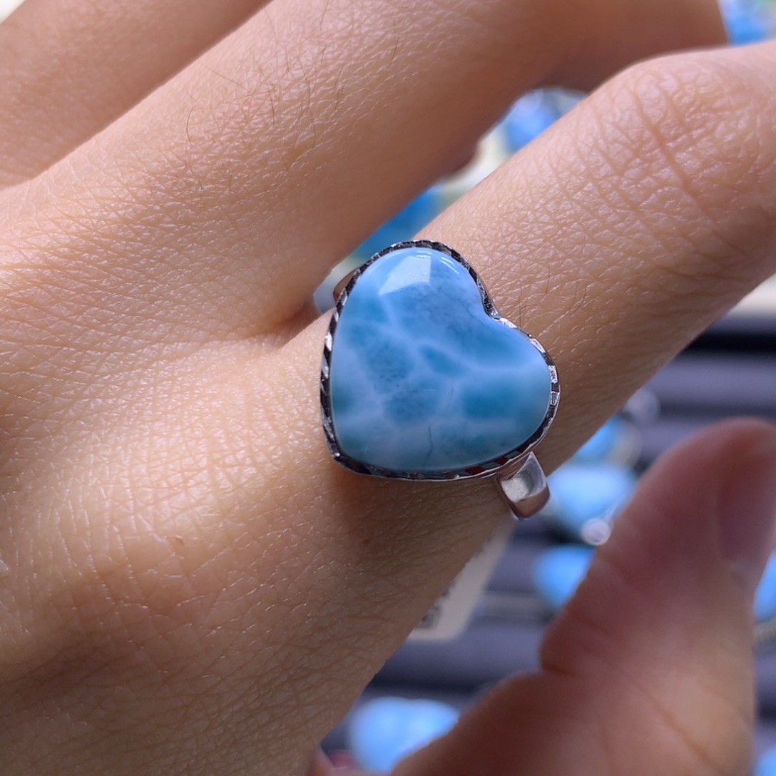 针钠钙石（海纹石）银S925镶嵌戒指爱心戒指色差略异