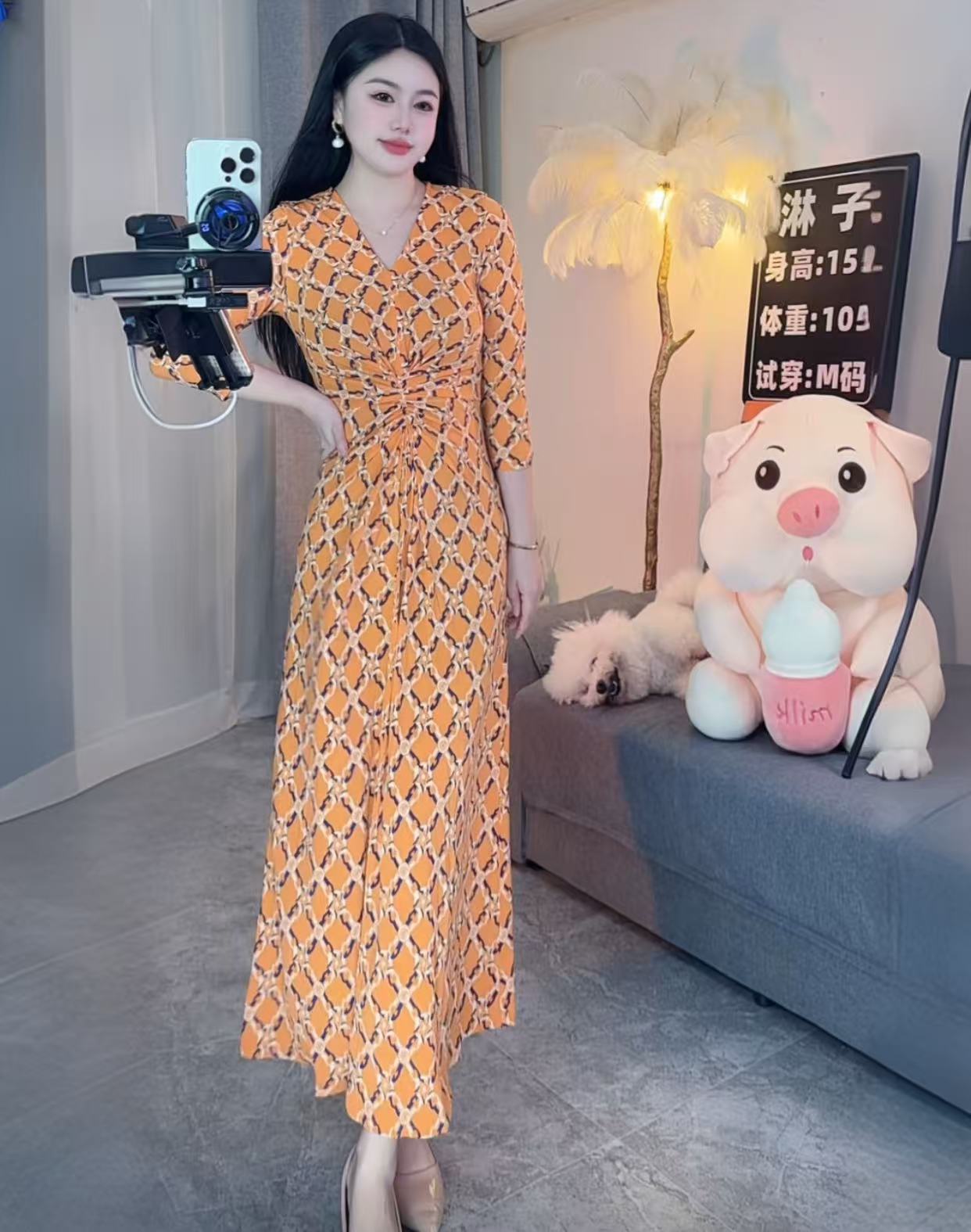 少女风七分袖常规长裙长袖连衣裙复古显瘦韩版碎花