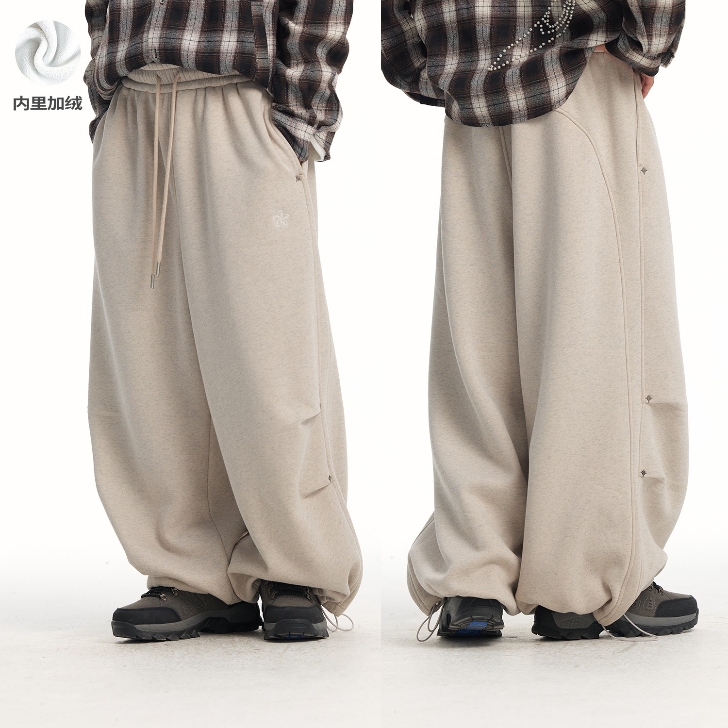 江南先生NewJNXS高克重加绒保暖打褶卫裤秋冬分割铆钉松紧腰长裤