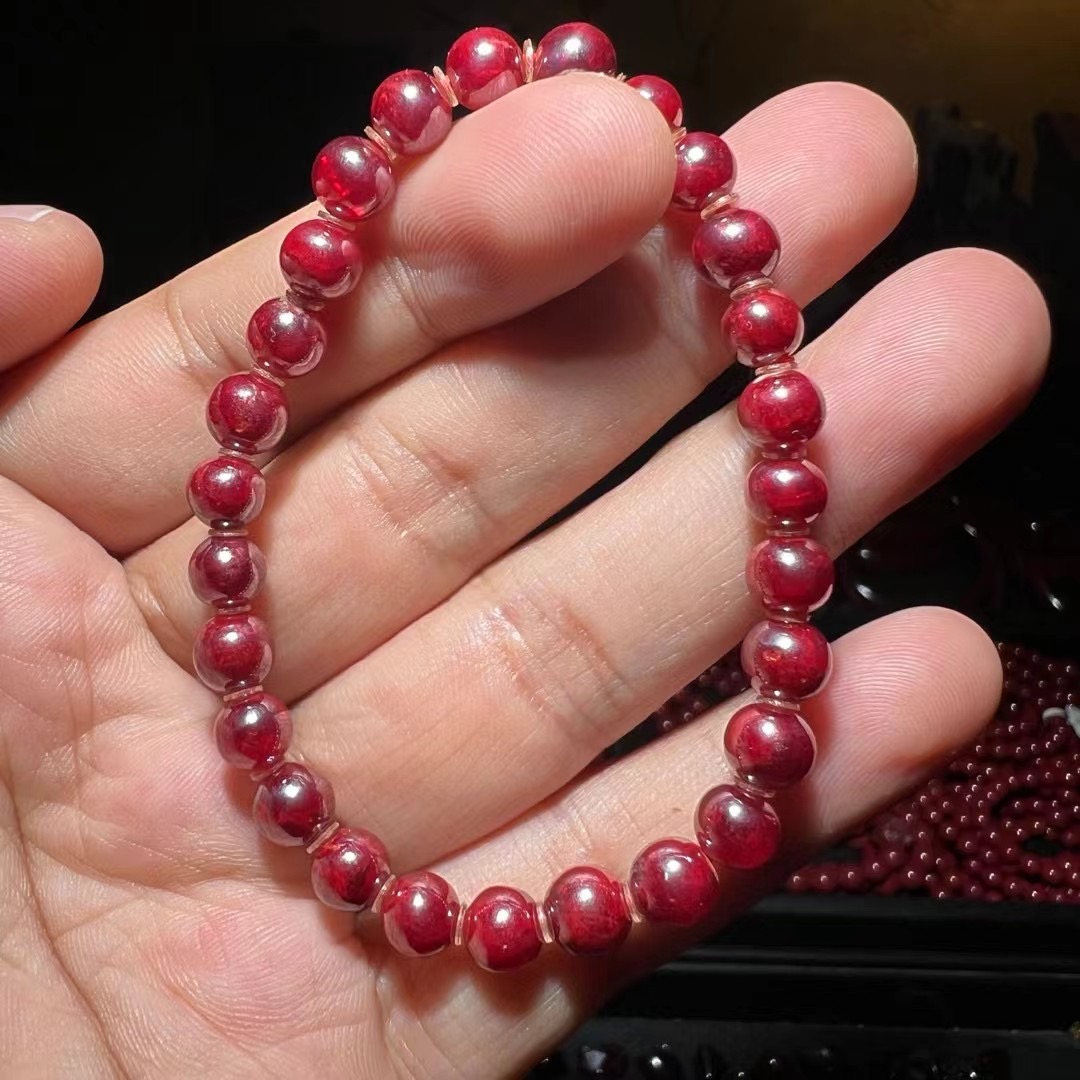天然辰砂单晶体软红宝石圆珠女士满火彩手链朱砂佩戴收藏级6.5m
