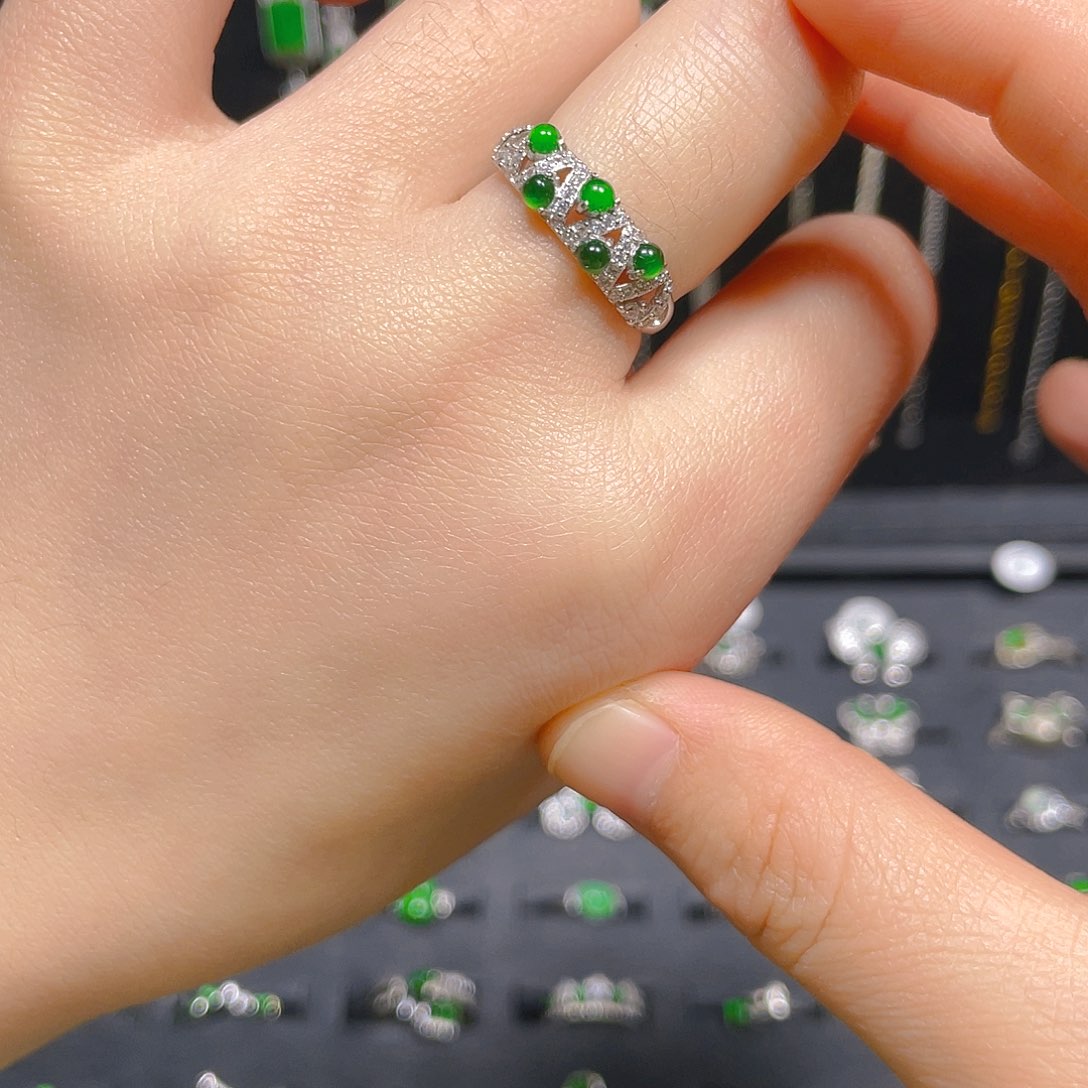 翡翠戒指银S925镀金镶嵌戒指