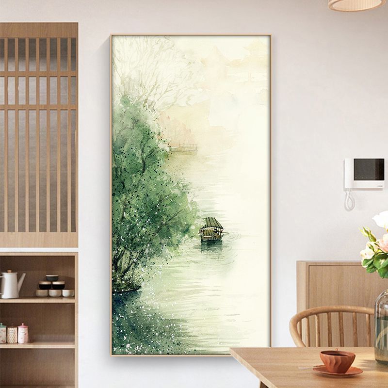 山水客厅挂画墙面孤舟装饰画房间玄关绿色暖国风风景新中式