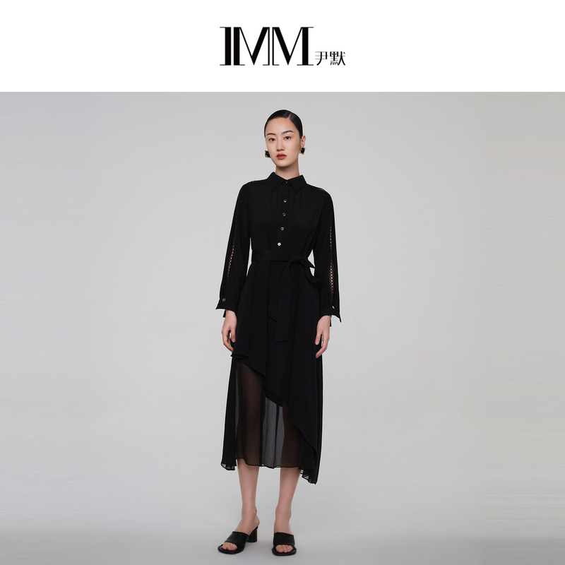 【醋酸系列】IMM尹默女装镂空不对称中长款衬衫连衣裙黑色春新品