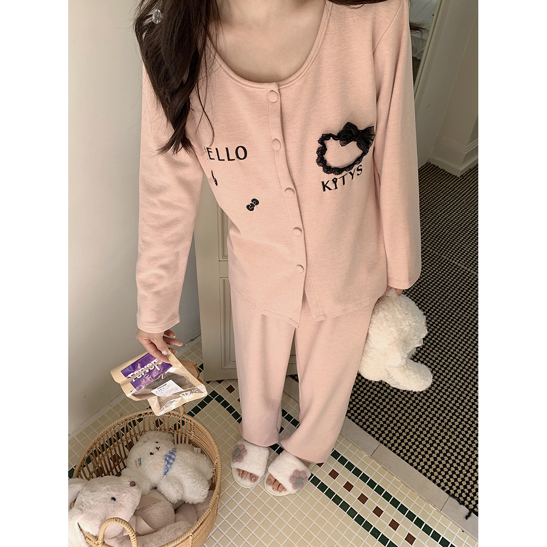 可爱风厚款保暖长袖长裤带胸垫睡衣女孩家居服套装秋冬新款可外穿