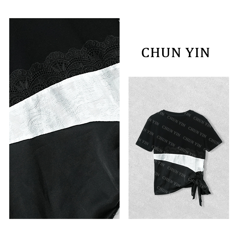 大雨【蕾丝系带】拼接系带时尚拼色上衣34543
