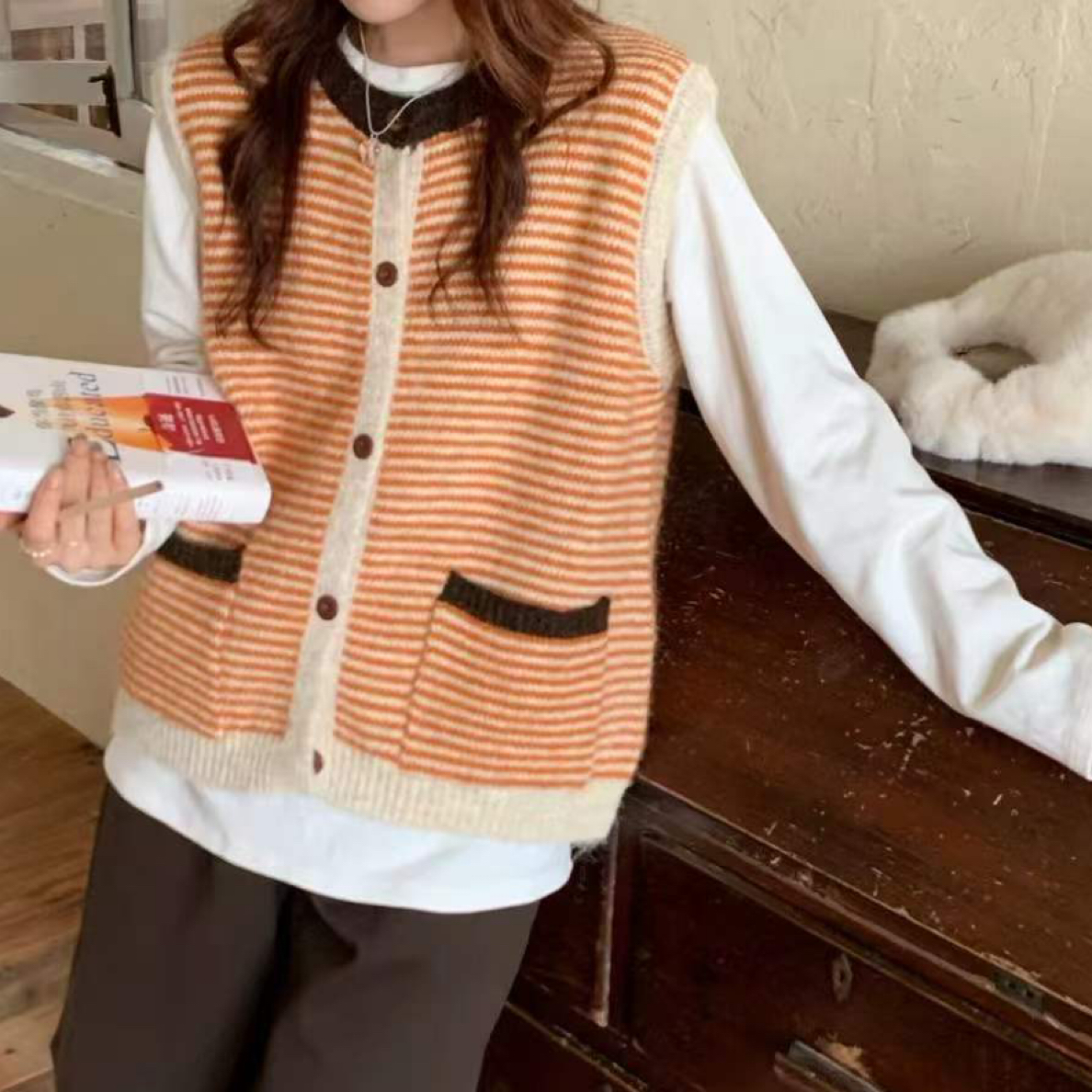 2025秋冬款条纹韩版显瘦网红洋气拼色马甲