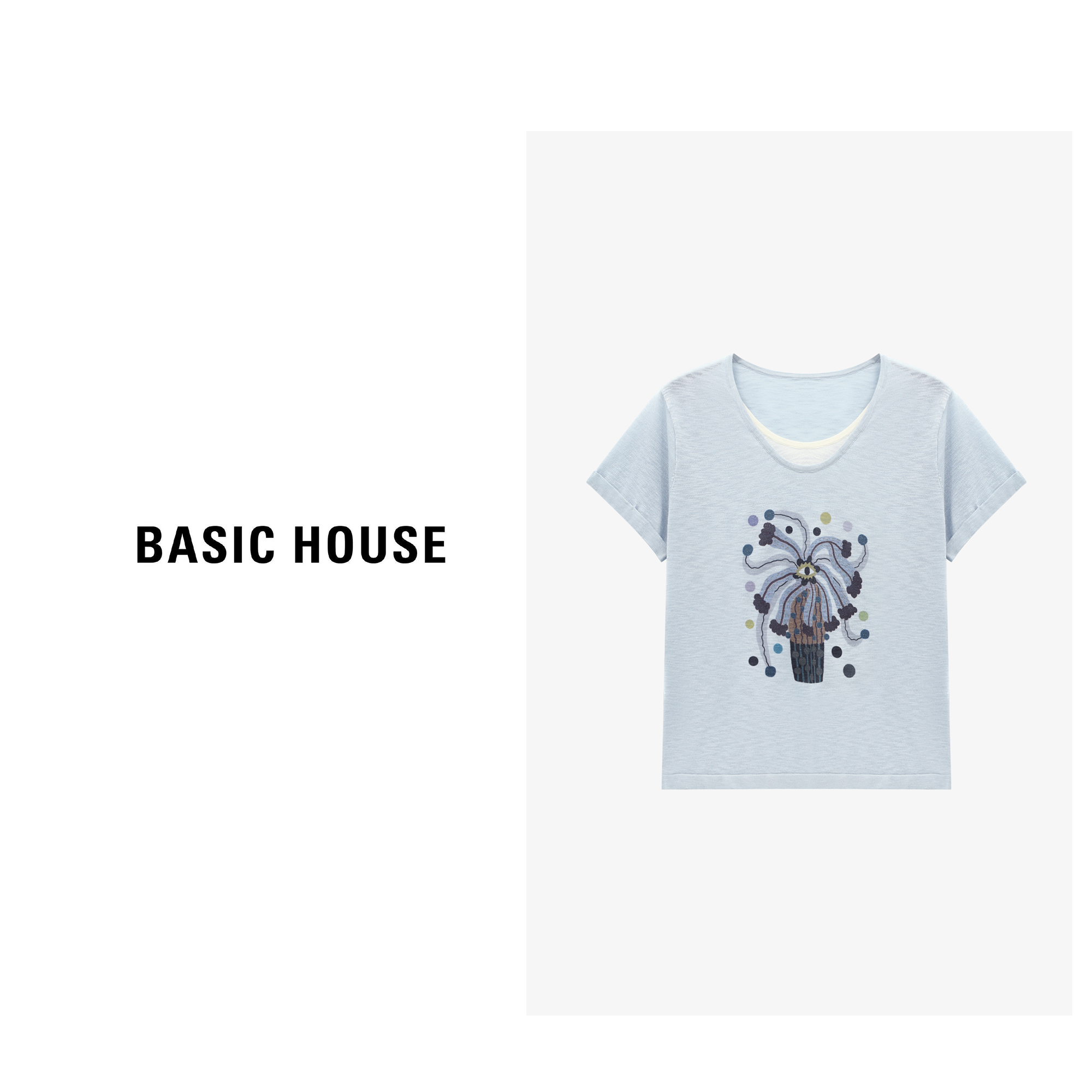Basic House/百家好夏季圆领刺绣短袖洋气休闲针织衫-B0625B5S782