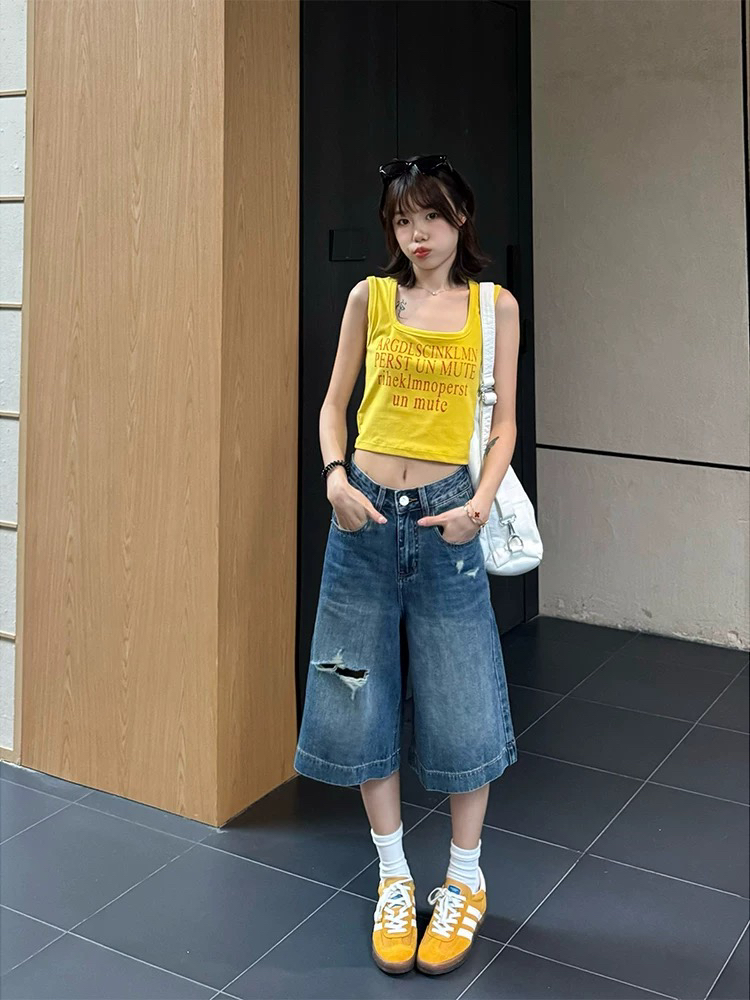 80352夏季新款时尚百搭休闲女直筒牛仔七分短裤