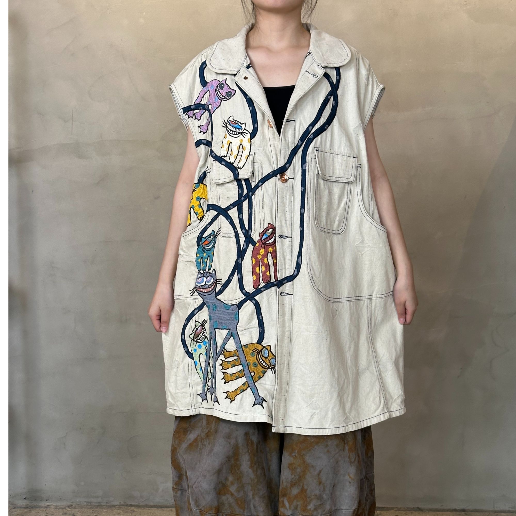 蕊家涂鸦刺绣无袖印花纽扣夏季短袖外套牛仔复古百搭卡通