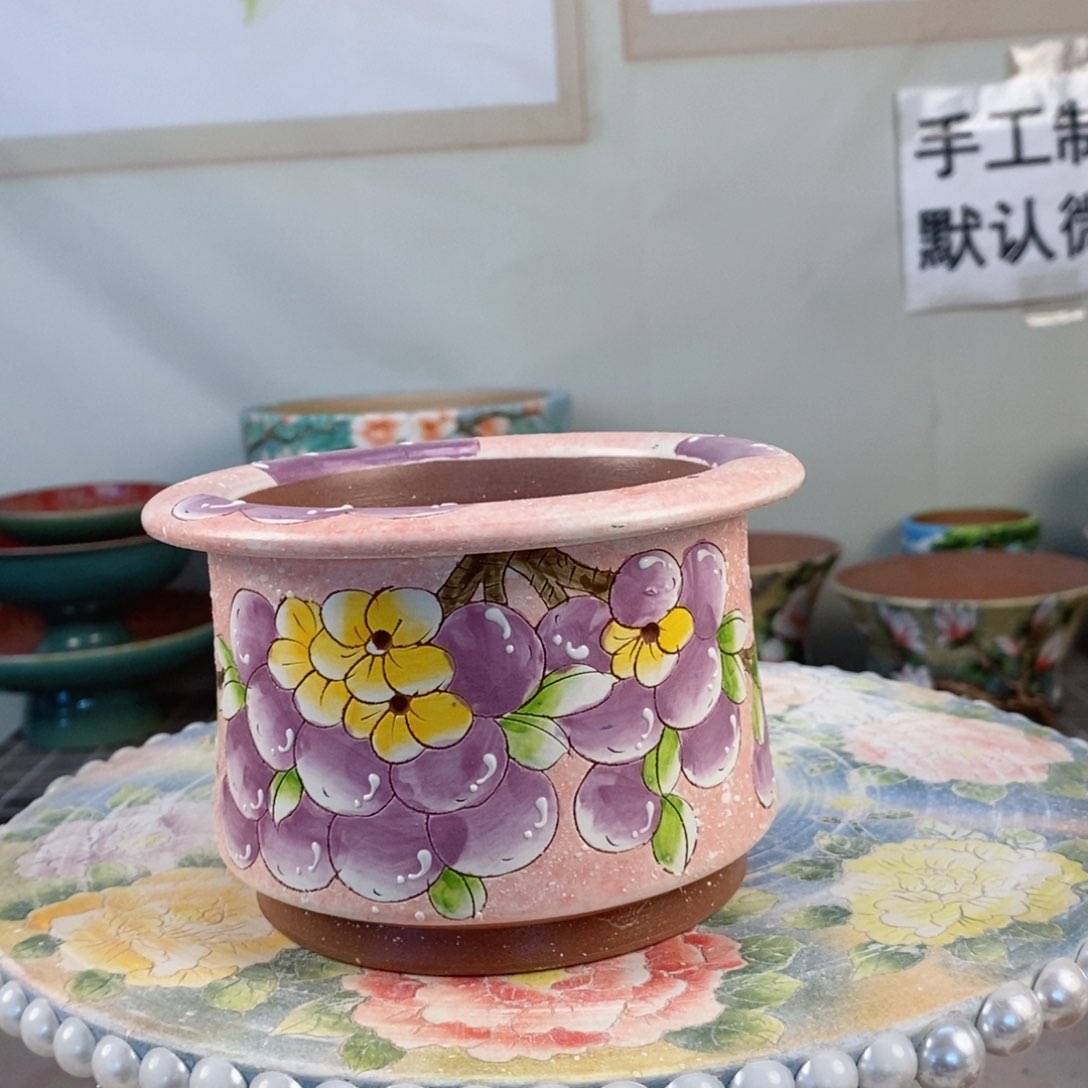 紫砂花盆红陶手绘花盆