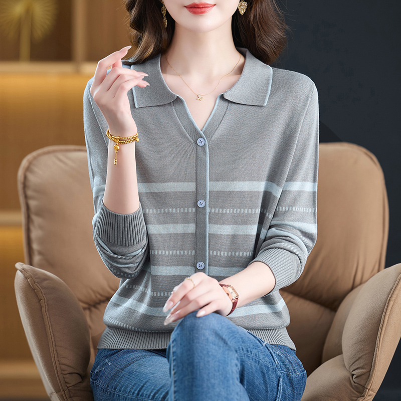 翻领薄款毛衣女士春秋2025新款条纹针织打底衫XMY-89127