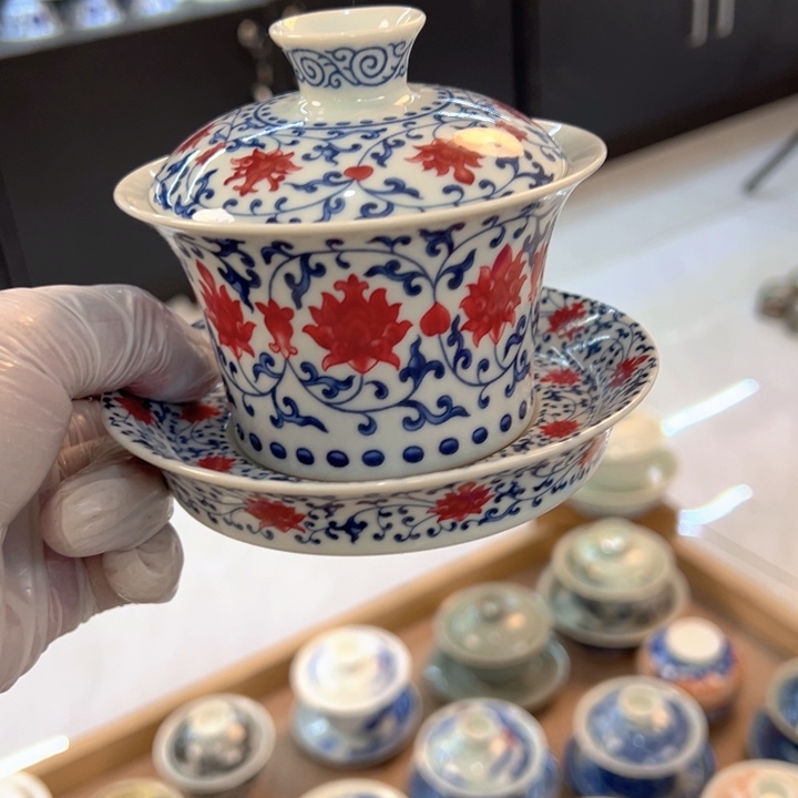 瓷片白青花釉里红马蹄盖碗全品