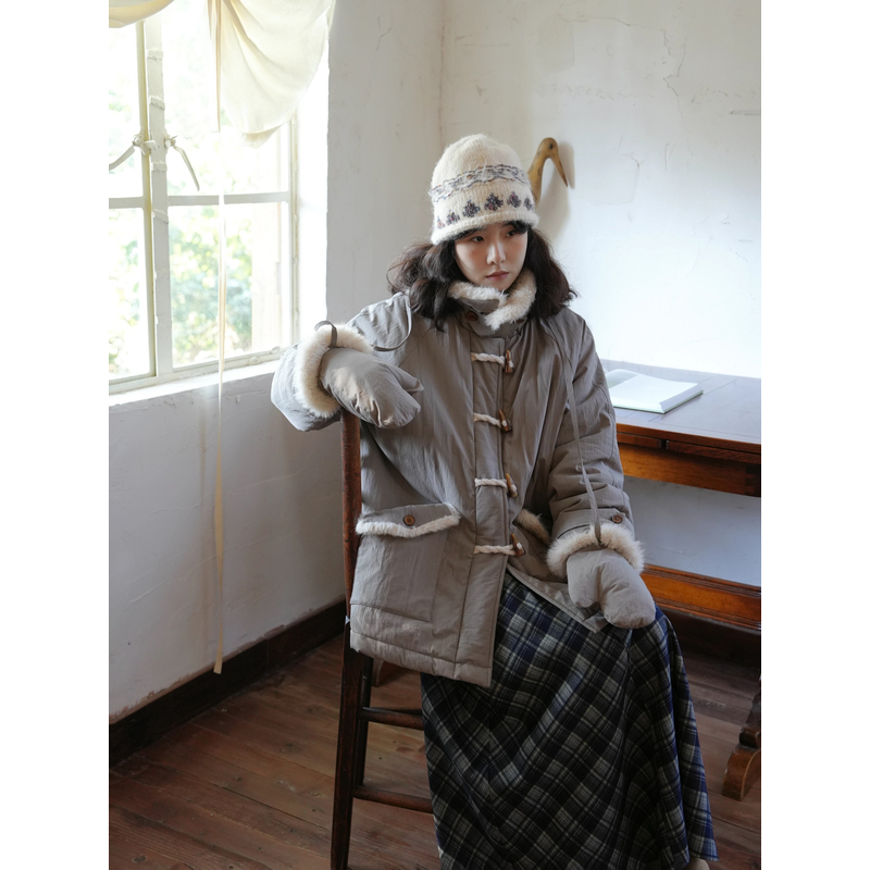 冬-岩草 巴恩风毛领羊羔毛夹克棉服