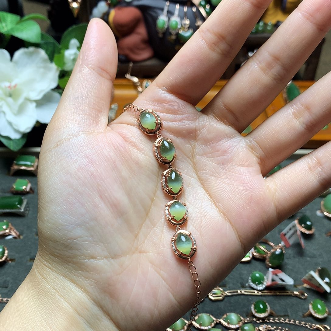 手链银S925镶嵌和田玉（碧玉）