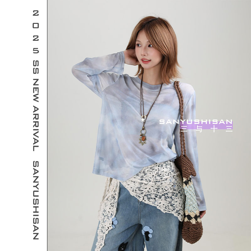 三与十三|雾蓝纱影|夏季新款晕染显瘦时尚防晒上衣长袖T