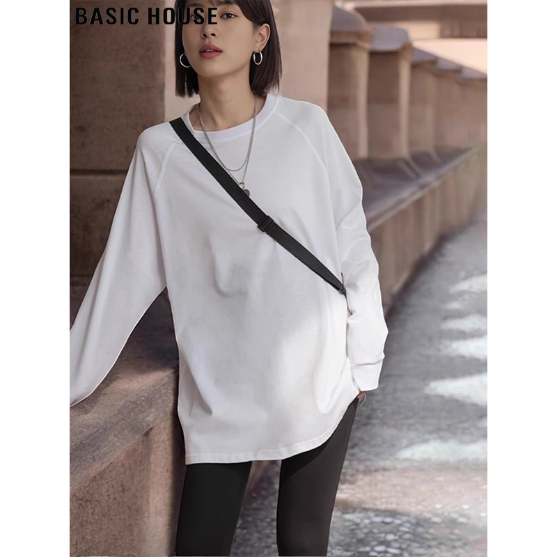 BasicHouse/百家好中长款白色长袖T恤女打底衫女款爆款2025新款