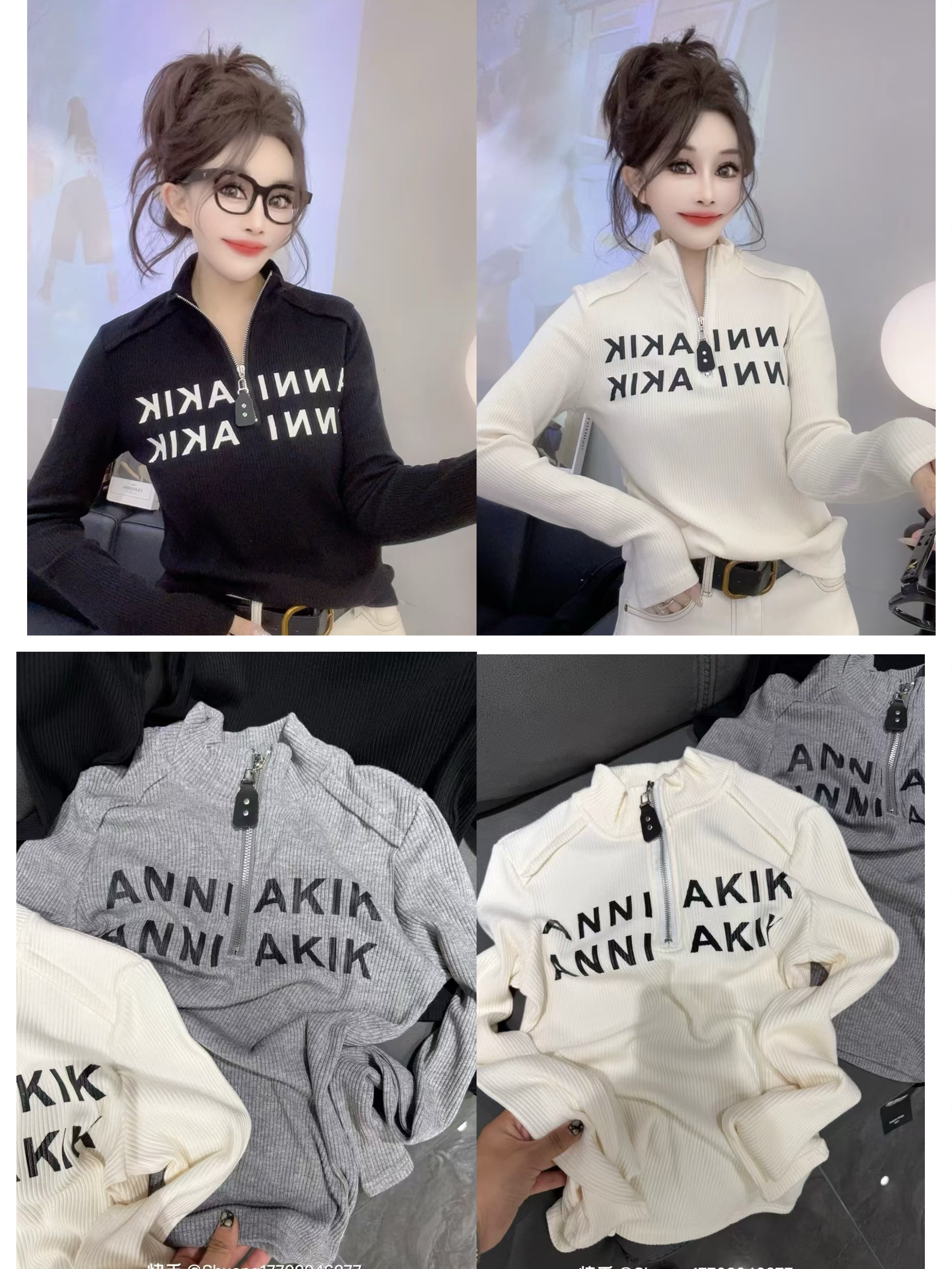 通勤拼接拉链印花字母直筒型T恤套头高领打底衫秋冬