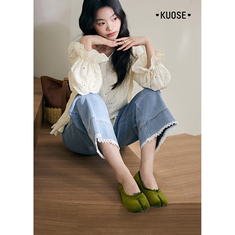 阔色杏色长袖圆领法式镂空衬衣2025夏季新款女宽松衬衫KSL2507005