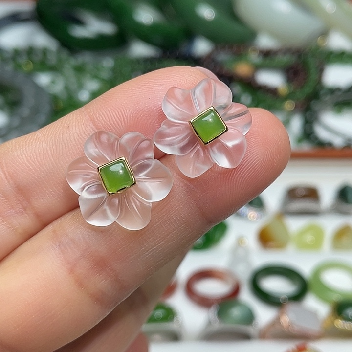 和田玉（碧玉）银S925镶嵌耳饰