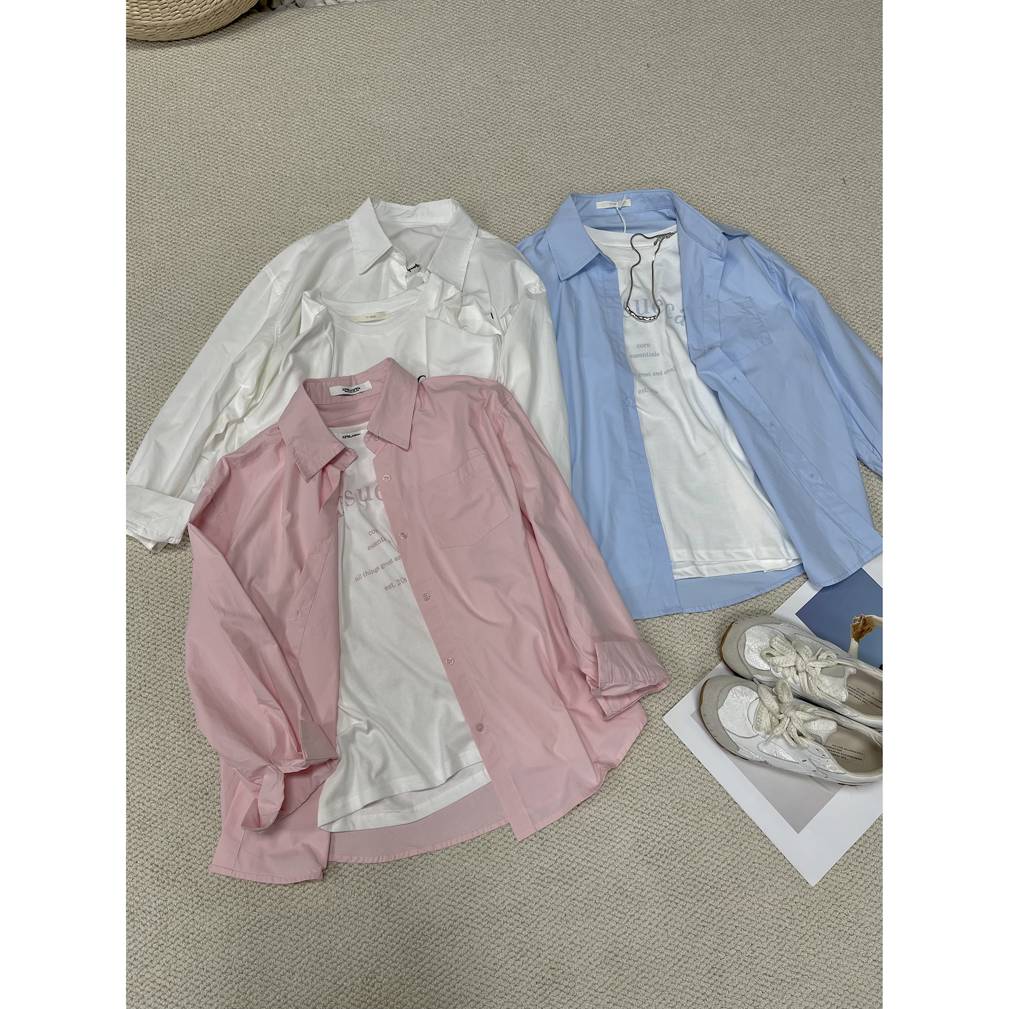 字母印花短袖T+宽松衬衫两件套1626（清）