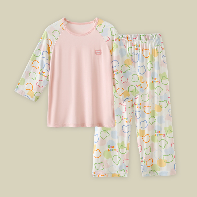 25年夏季女童睡衣a类优可丝薄款七分袖宝宝家居服插肩女童家居服