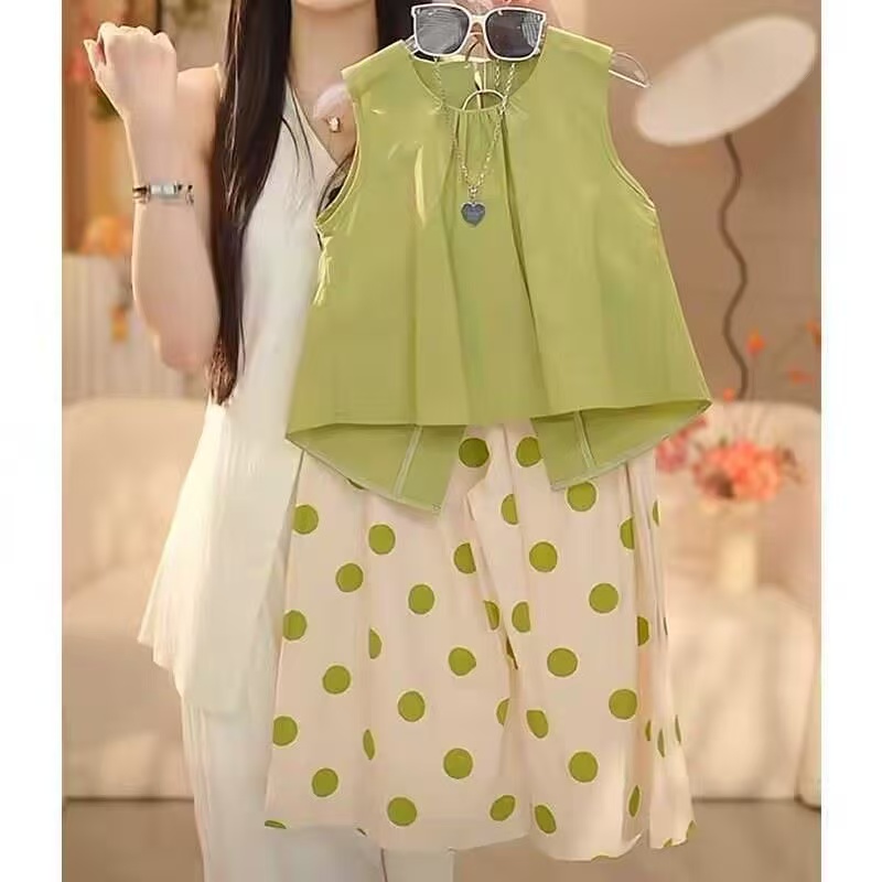 2025新款女童夏季韩版套装阔腿裤洋气儿童短袖时髦百褶短裙两件套