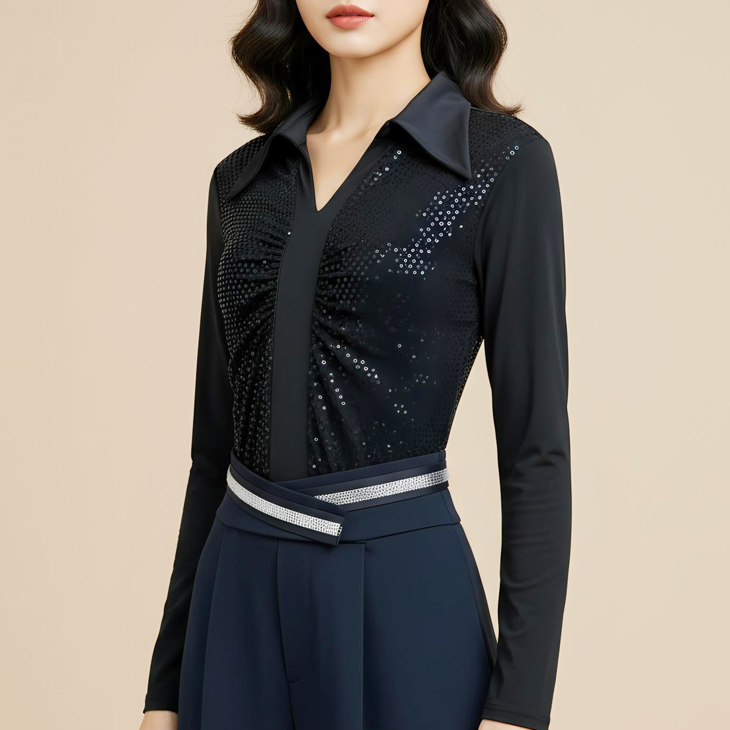 长袖T 新款亮片V领修身显瘦时尚百搭上衣