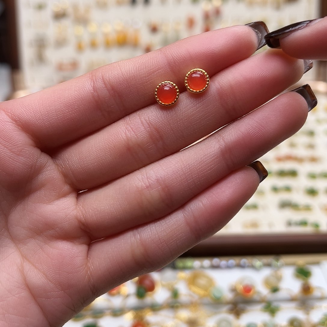 银S925镀金镶嵌和田玉耳钉