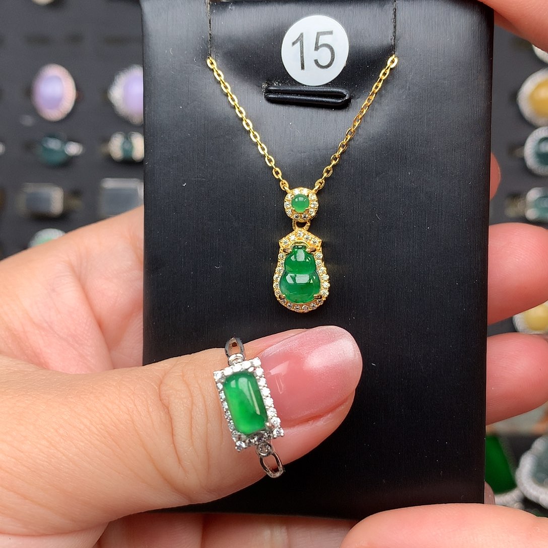 翡翠戒指银S925镶嵌咿**呀项链925