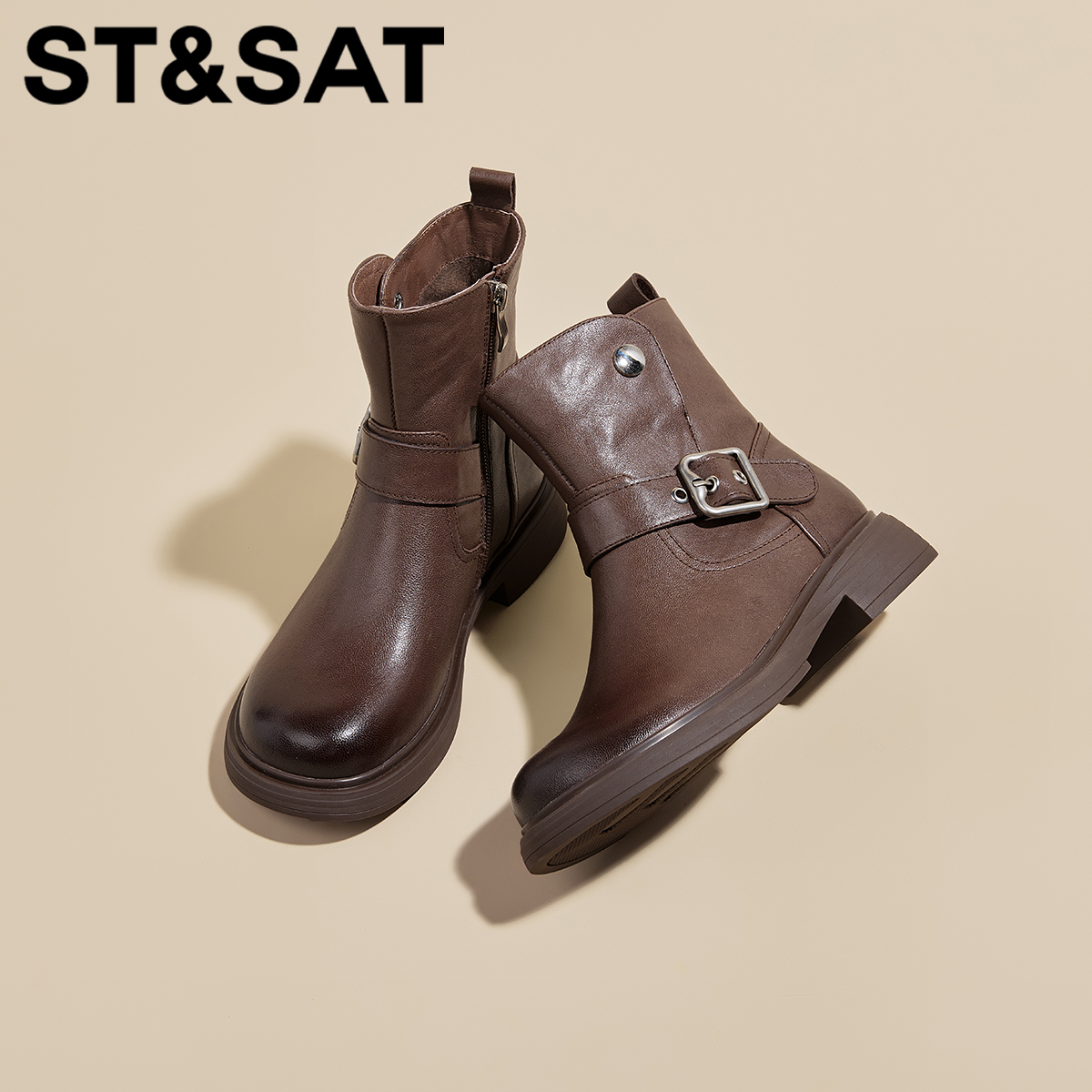 St&Sat/星期六复古港风休闲风女鞋黑色棕色靴子靴子舒适短靴