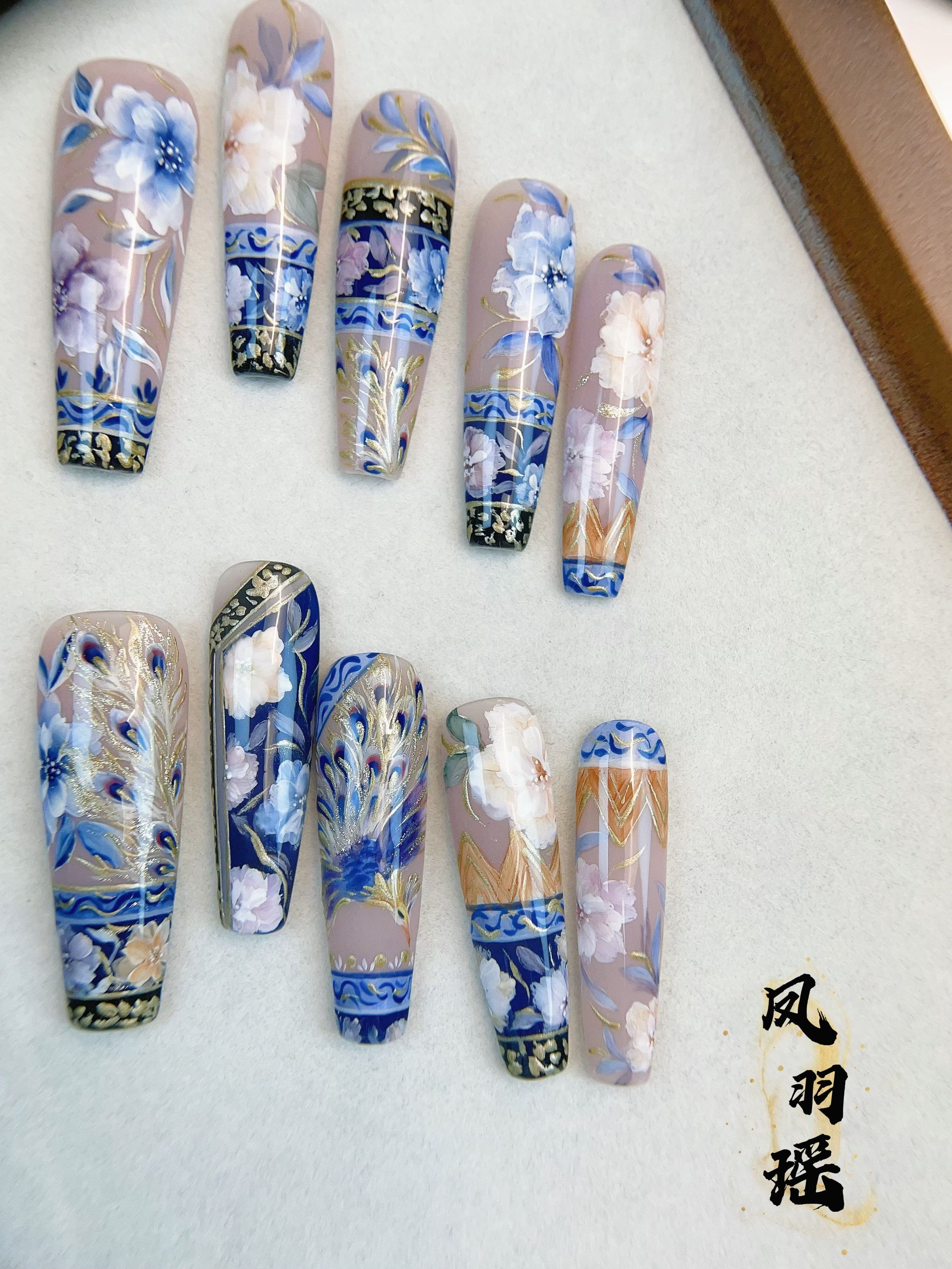 【凤羽瑶】指画阁美甲民族风AB款重工纯手绘新中式穿戴甲高级感手工