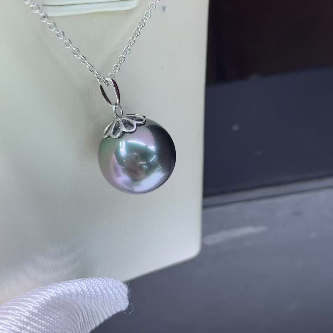 大溪地天然色紫绿色珍珠吊坠正圆极强光细腻无瑕10-11mm18k