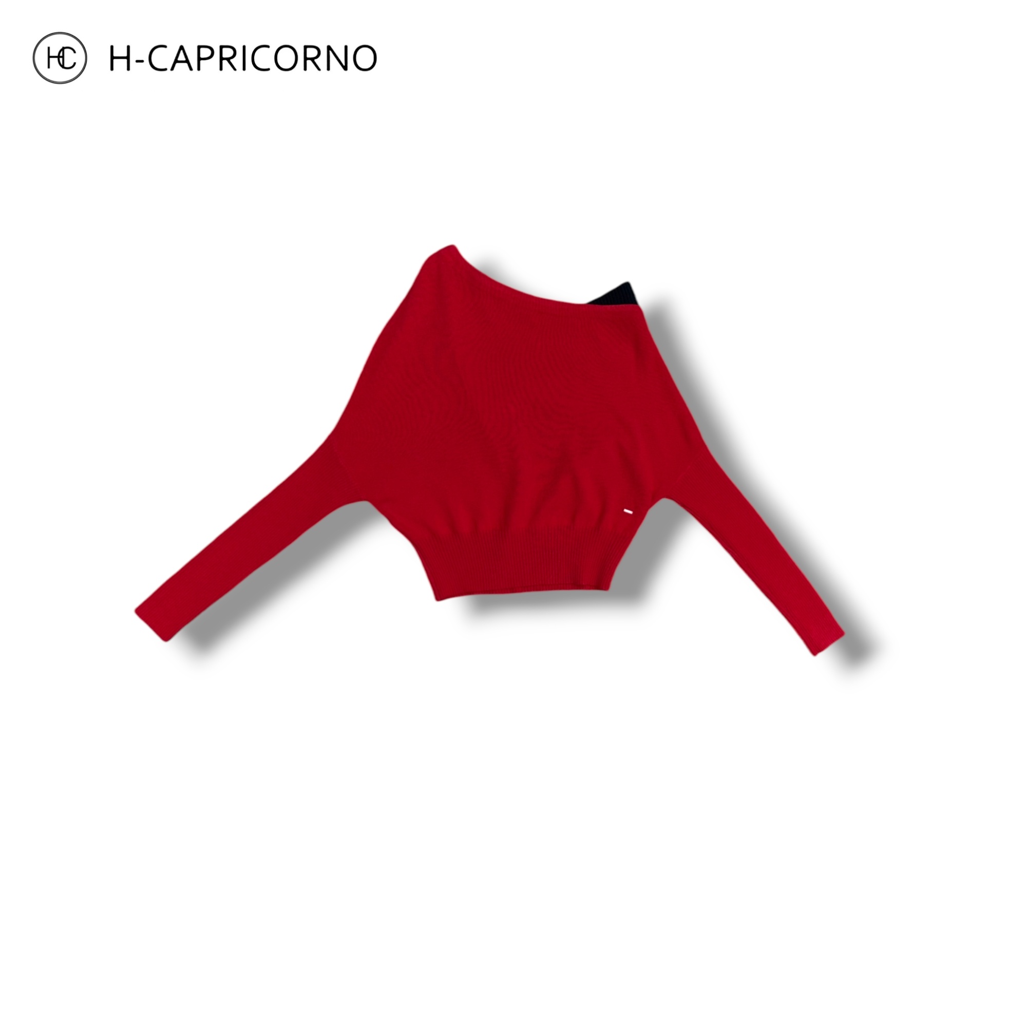 H-CAPRICORNO优化肩颈斜领一字肩拼色绵羊毛针织上衣针织衫毛衣