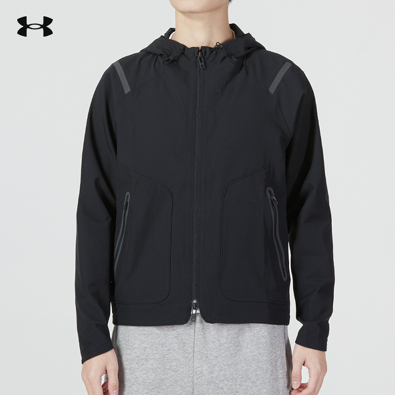 UA安德玛夹克男秋季新款训练运动服休闲黑色梭织连帽外套1370494